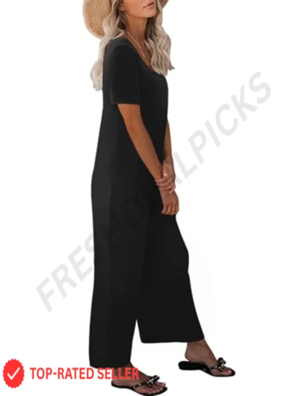 Women's Loose Fit Wide Leg Jumpsuit with Pockets U Neck Short Sleeve Summer